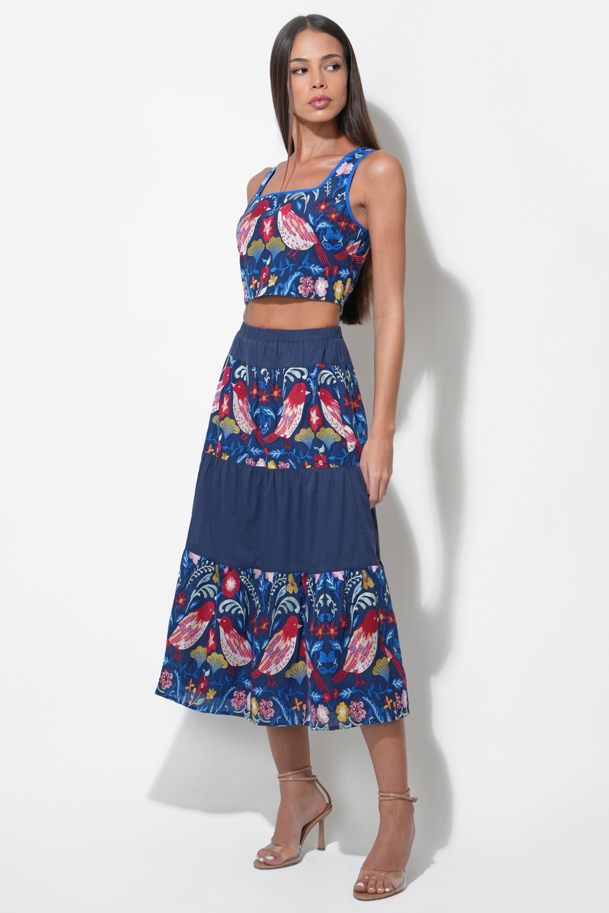 Rina Tiered Embroidered Midi Skirt