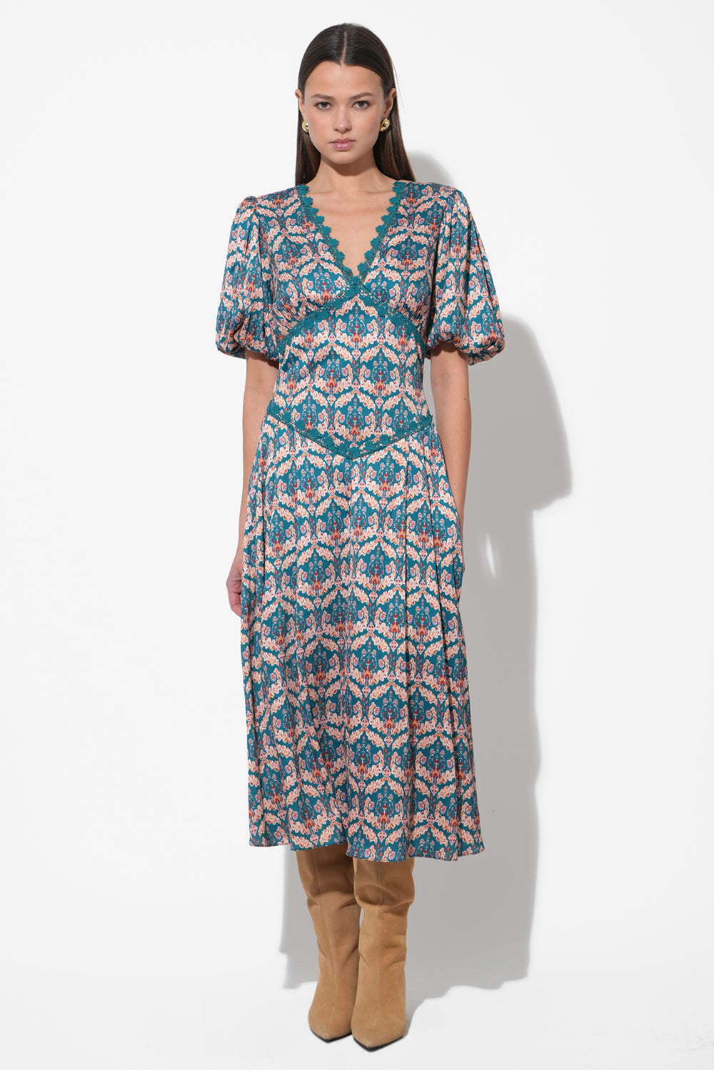 Bryden V-Neck Puff Sleeve Midi Dress