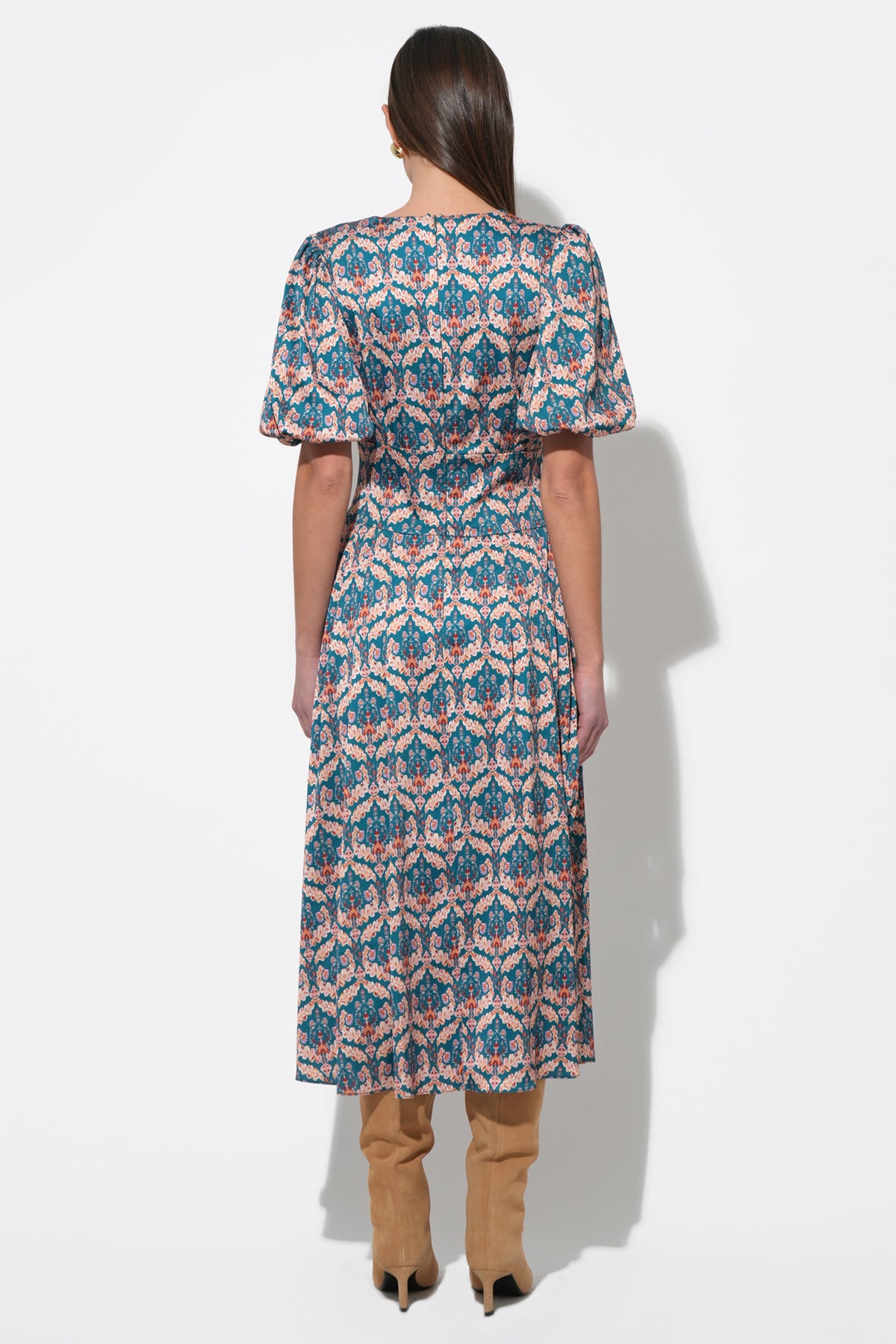 Bryden V-Neck Puff Sleeve Midi Dress