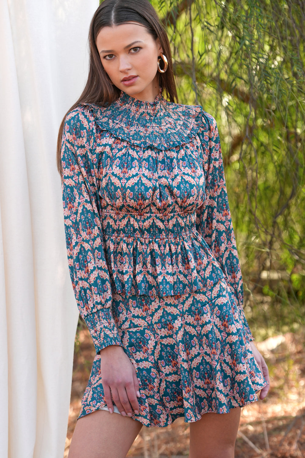 Melodie Smocked Waist Mock Neck Blouse