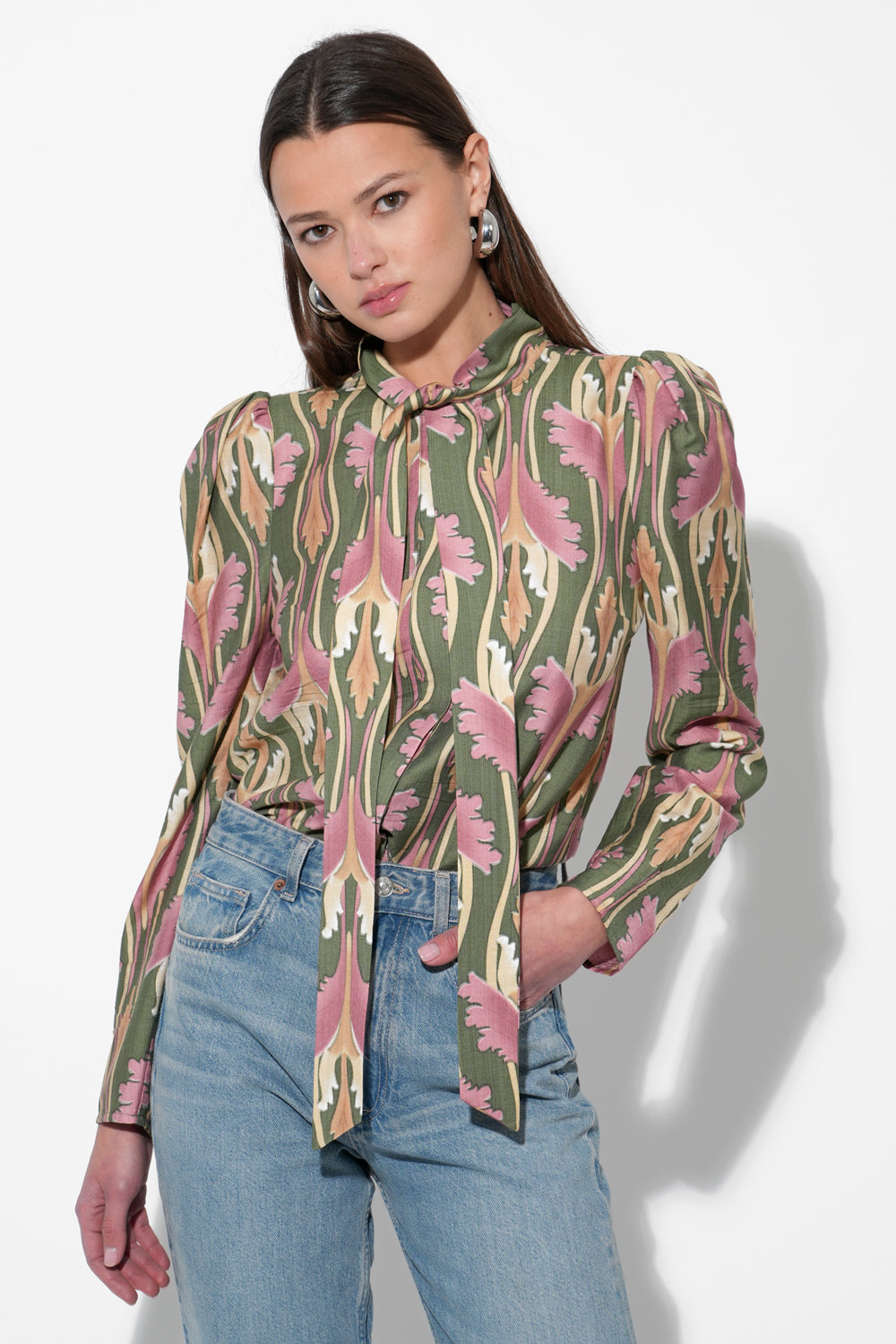 Paris Floral Tie Neck Blouse