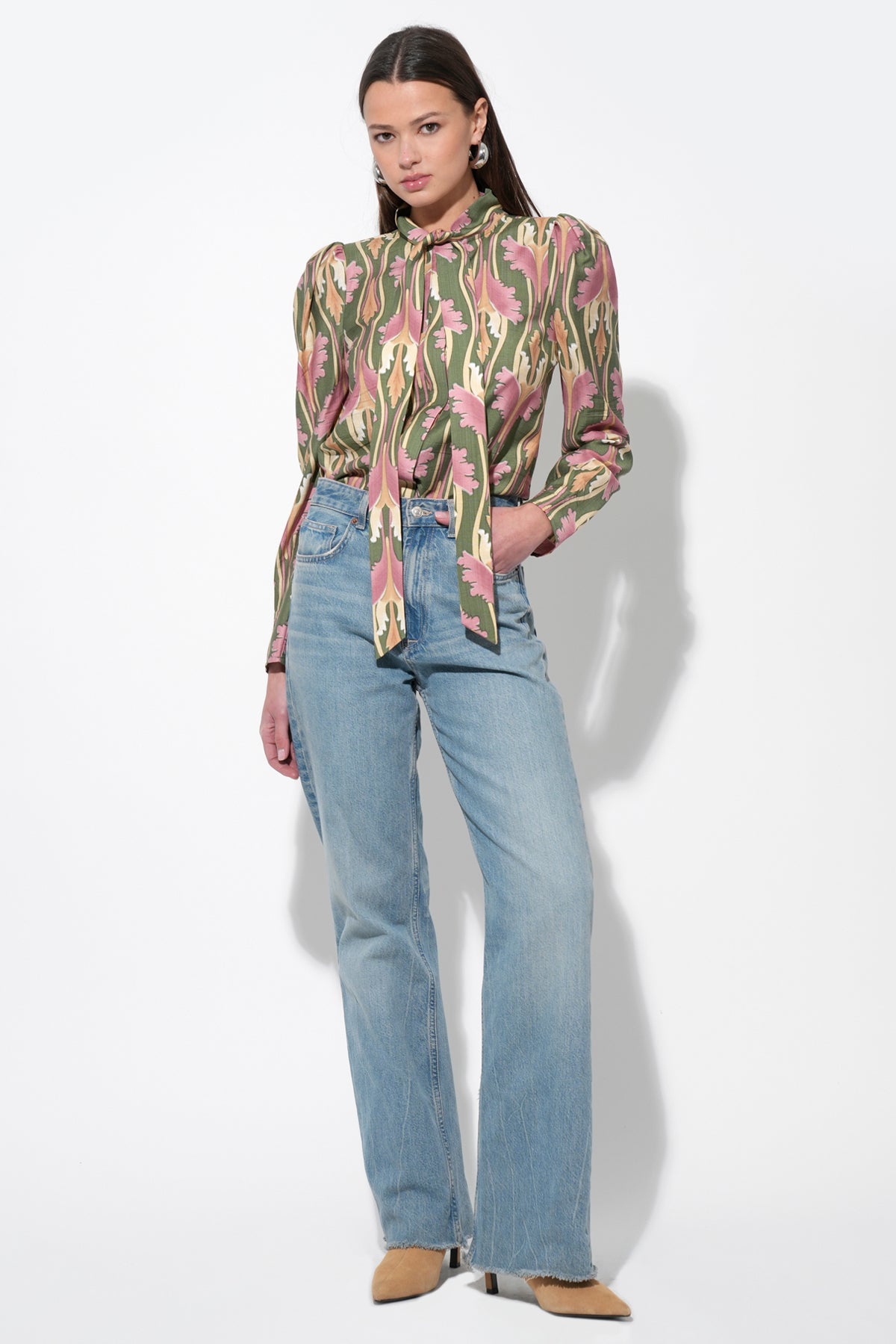 Paris Floral Tie Neck Blouse