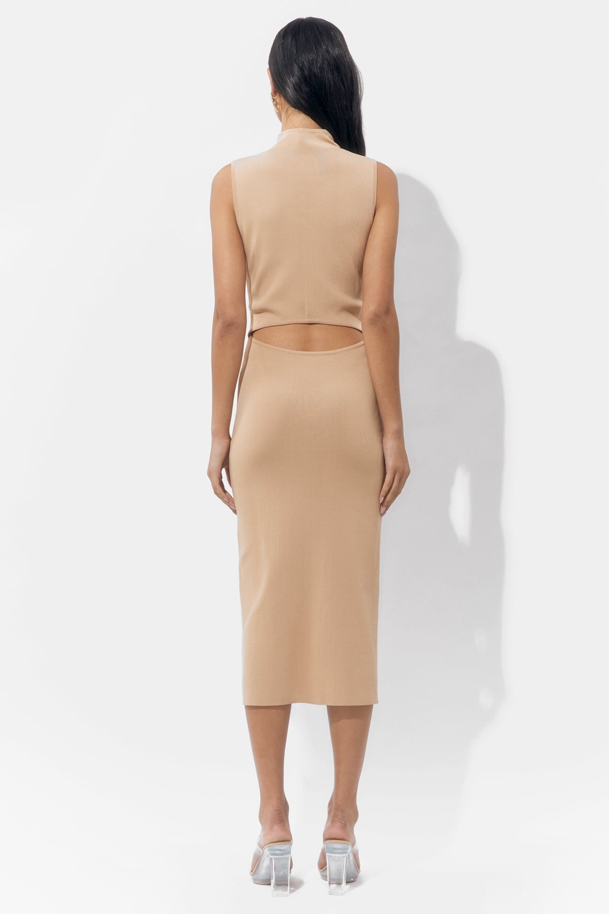Trish Sculpted Cut Out Knit Nude Midi Dress