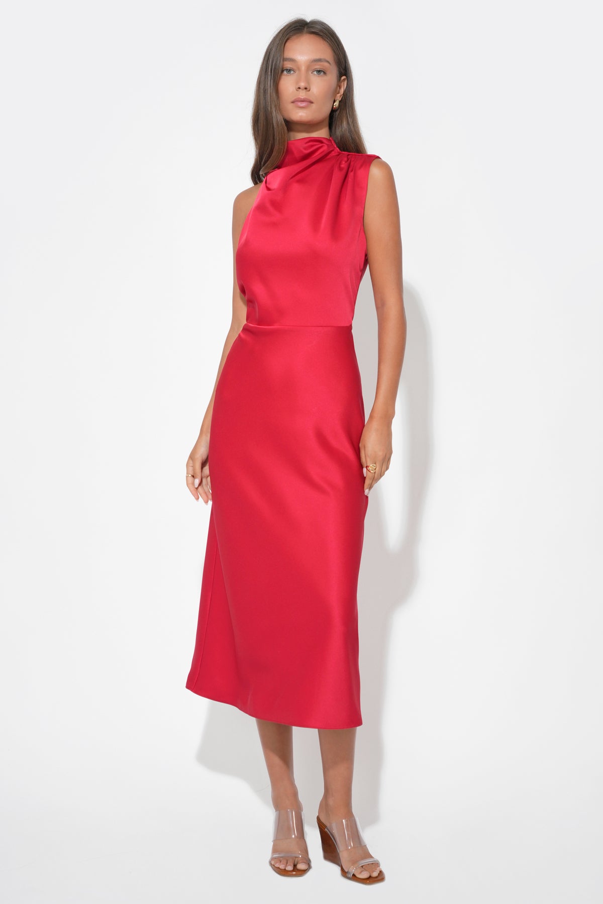 Jodie High Neck Satin Midi Dress