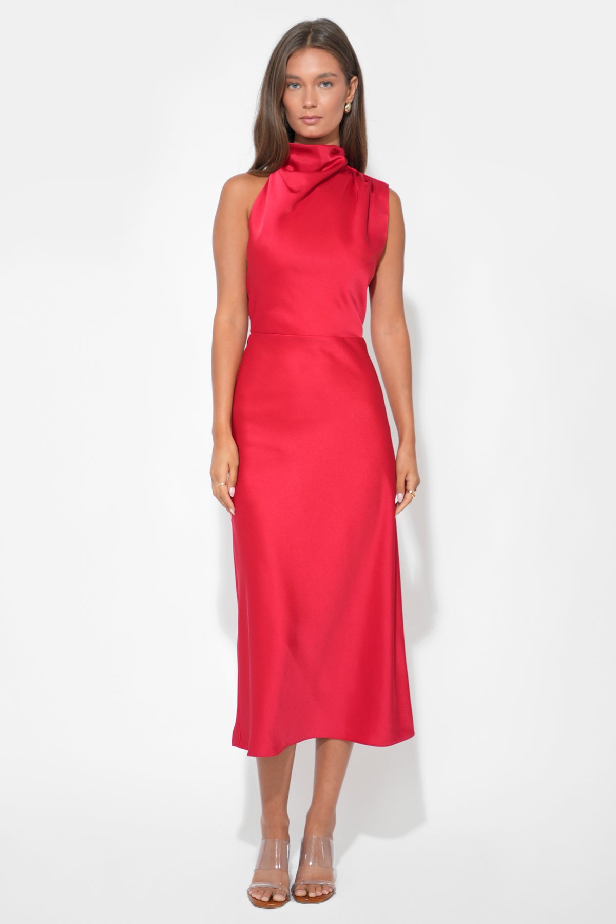 Jodie High Neck Satin Midi Dress