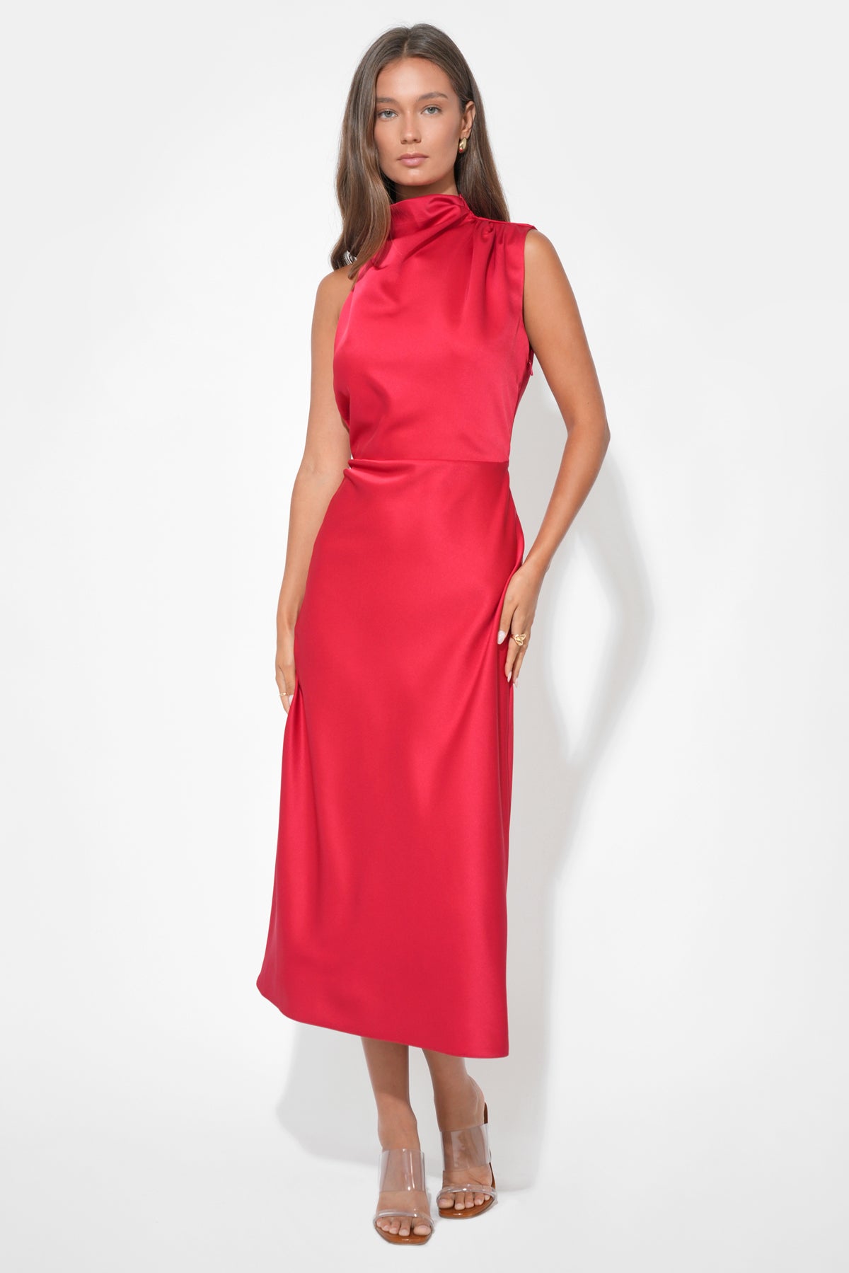 Jodie High Neck Satin Midi Dress