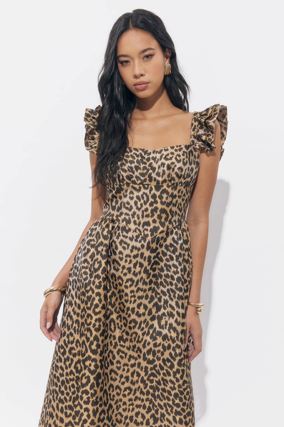 Solene Leopard Gathered Sleeve Midi Dress