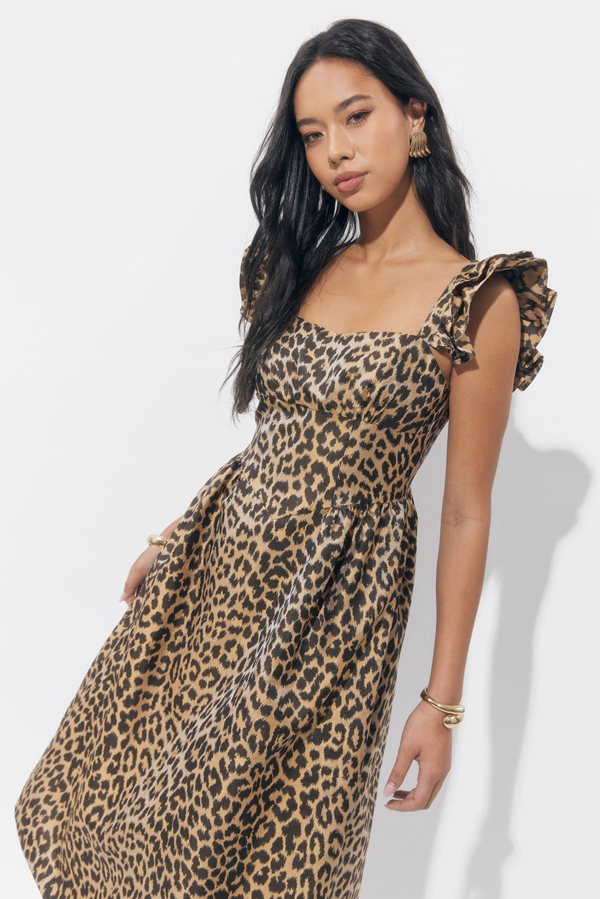 Solene Leopard Gathered Sleeve Midi Dress