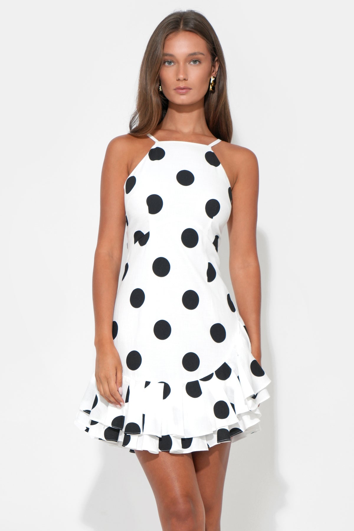 Brianna Halter Ruffle Linen Dot Mini Dress