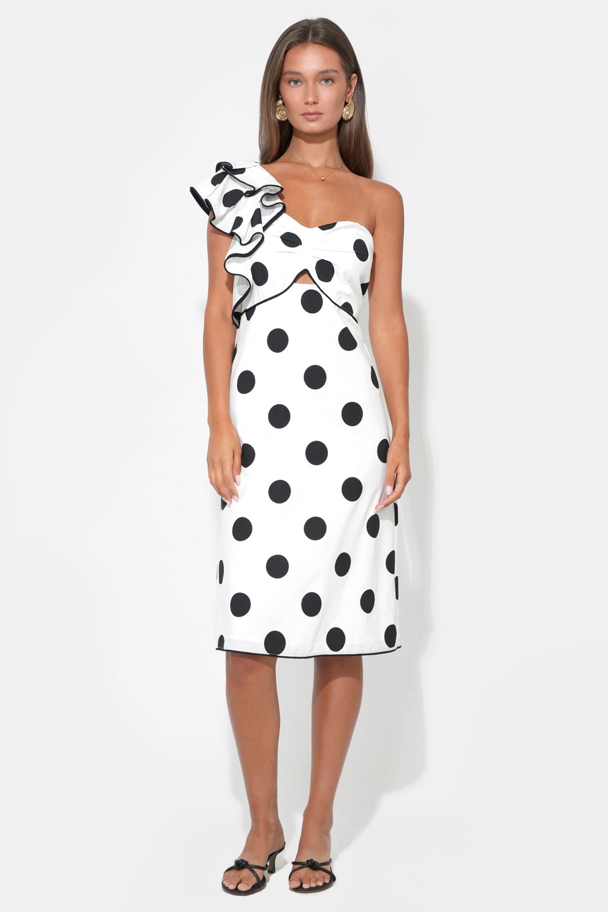 Cailyn One Shoulder Ruffle Linen Dot Midi Dress