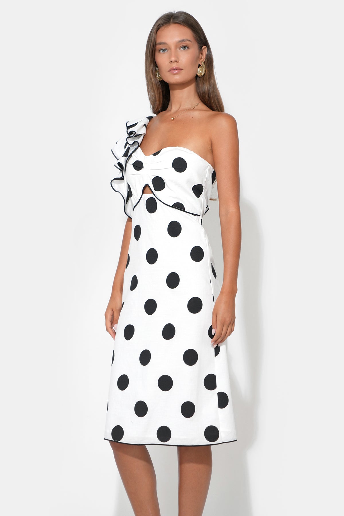 Cailyn One Shoulder Ruffle Linen Dot Midi Dress