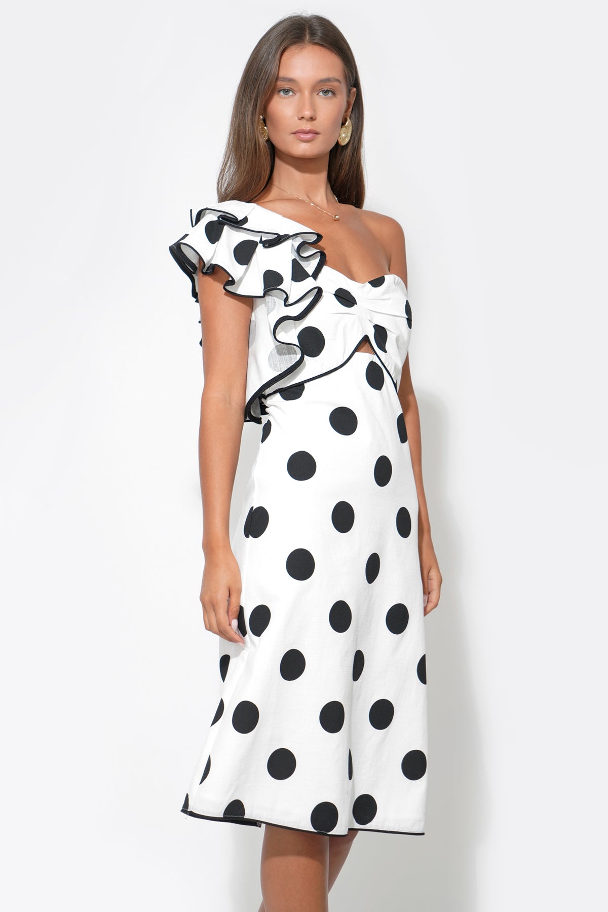 Cailyn One Shoulder Ruffle Linen Dot Midi Dress