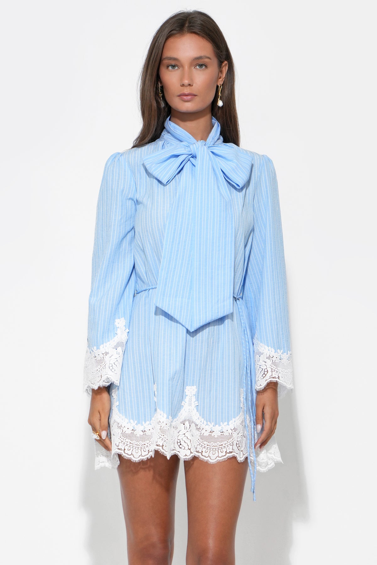 Victoria Neck Tie Lace Trim Stripe Mini Dress