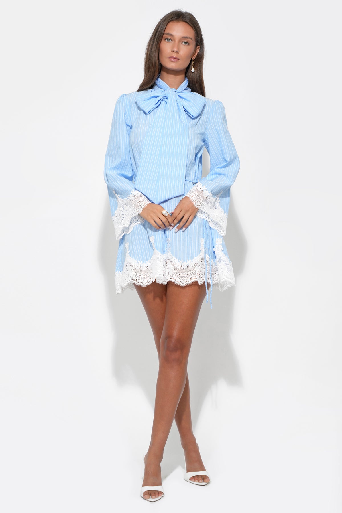 Victoria Neck Tie Lace Trim Stripe Mini Dress