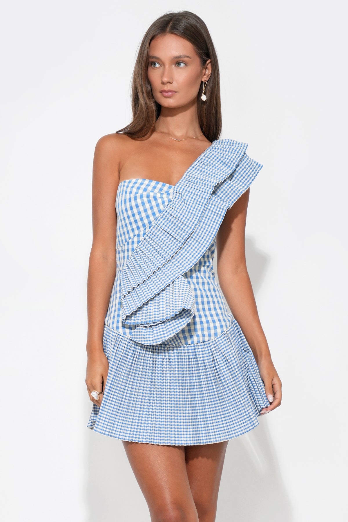 Ava One Shoulder Gingham Mini Dress
