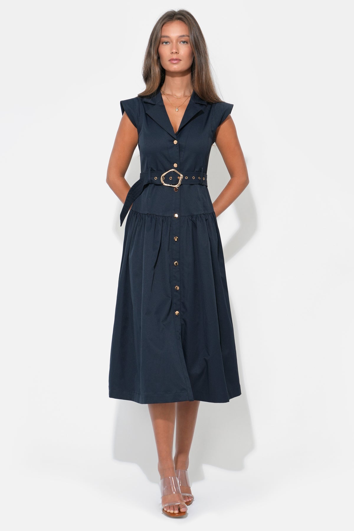 Olivia Button Up Belted Shirt Midi Dress