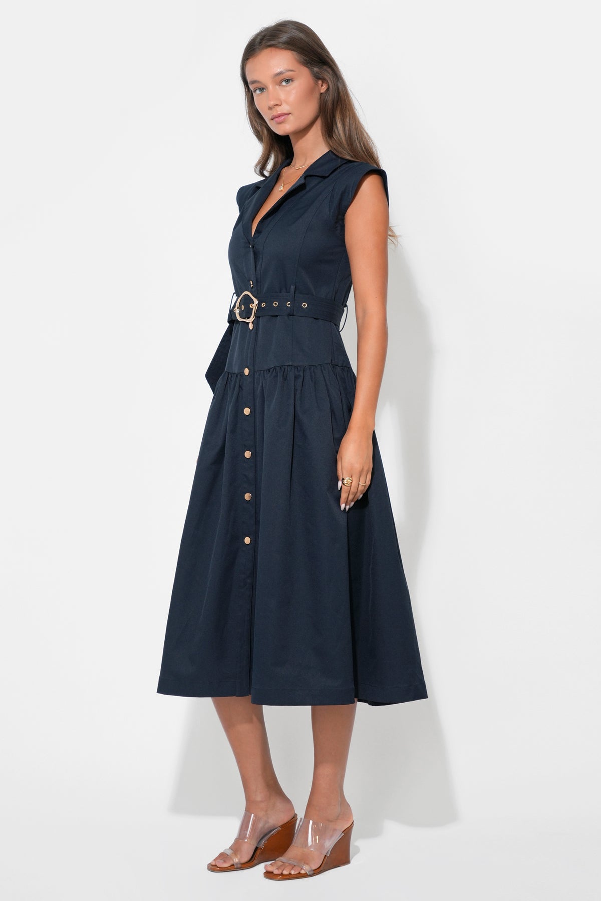 Olivia Button Up Belted Shirt Midi Dress
