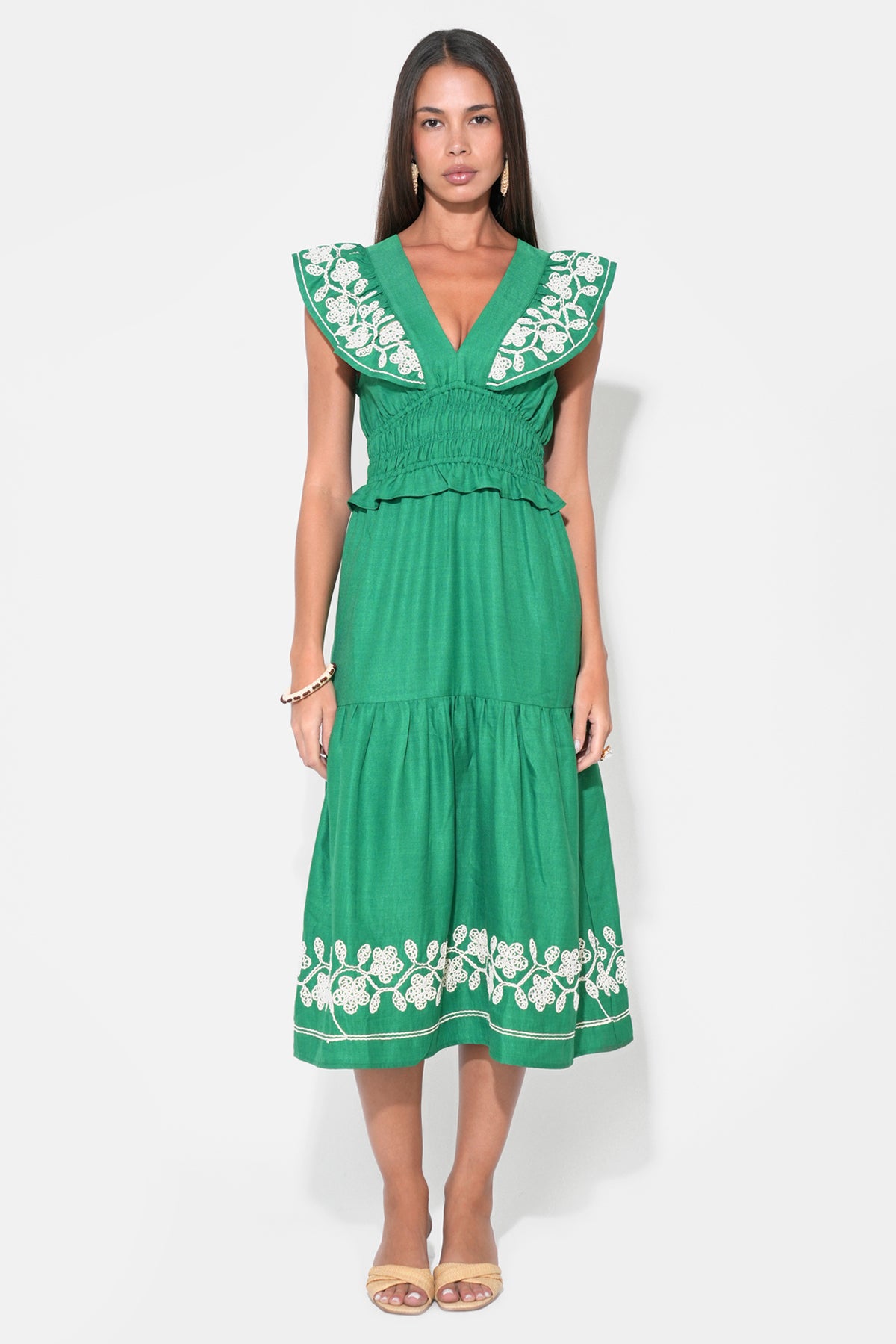 Amaya Ruffle Embroidery Midi Dress