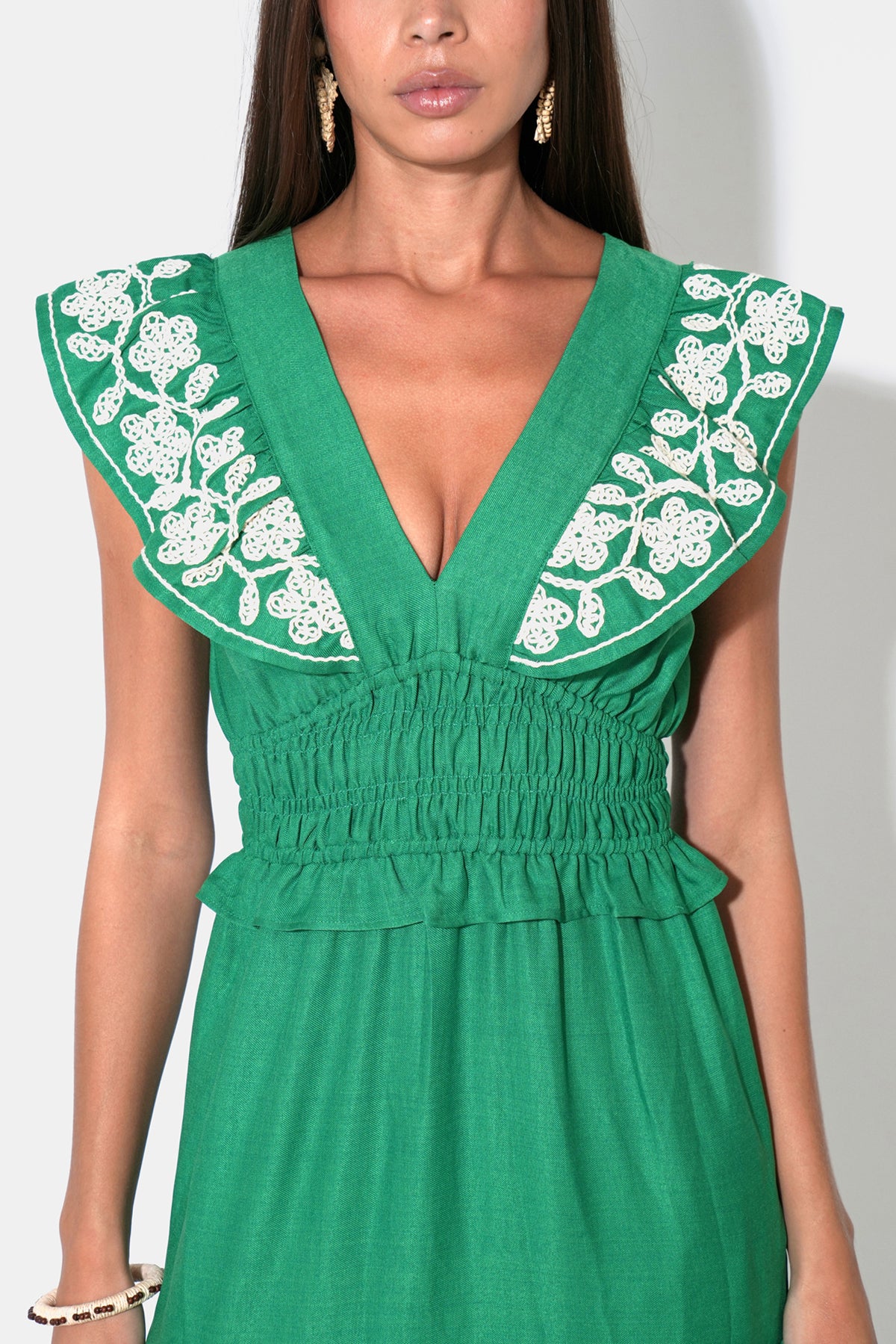 Amaya Ruffle Embroidery Midi Dress