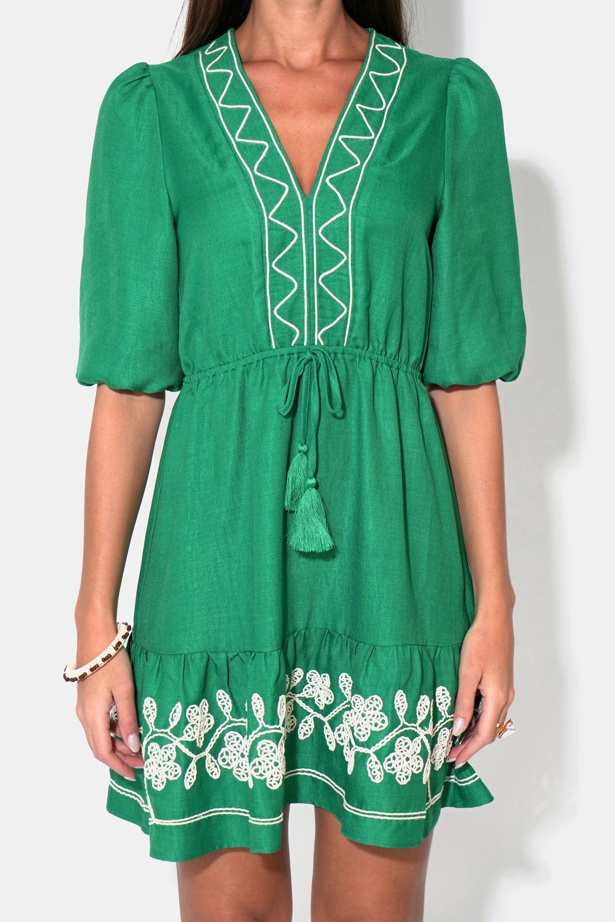 Taylor Embroidery Ruffle Hem Mini Dress