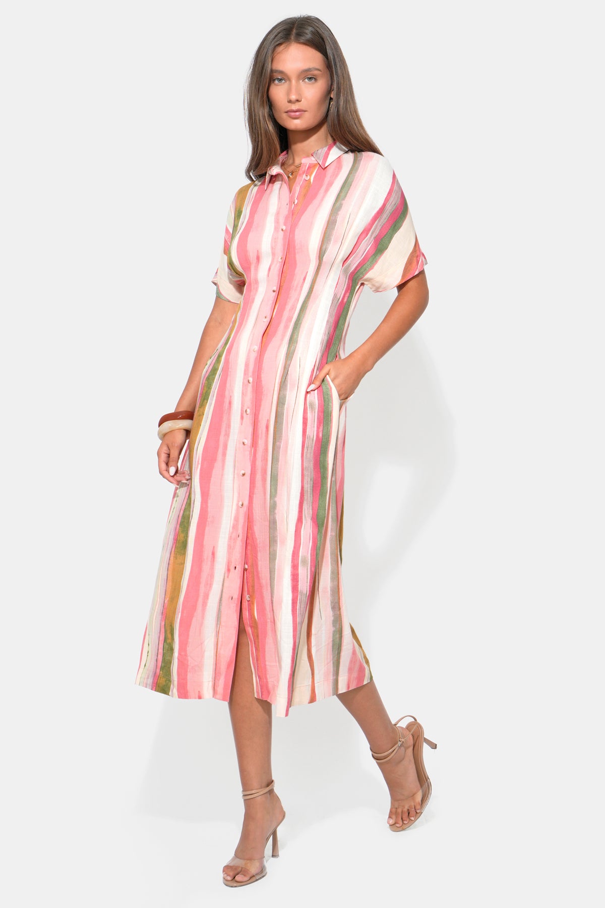 Heidi Button Up Pleated Stripe Midi Dress