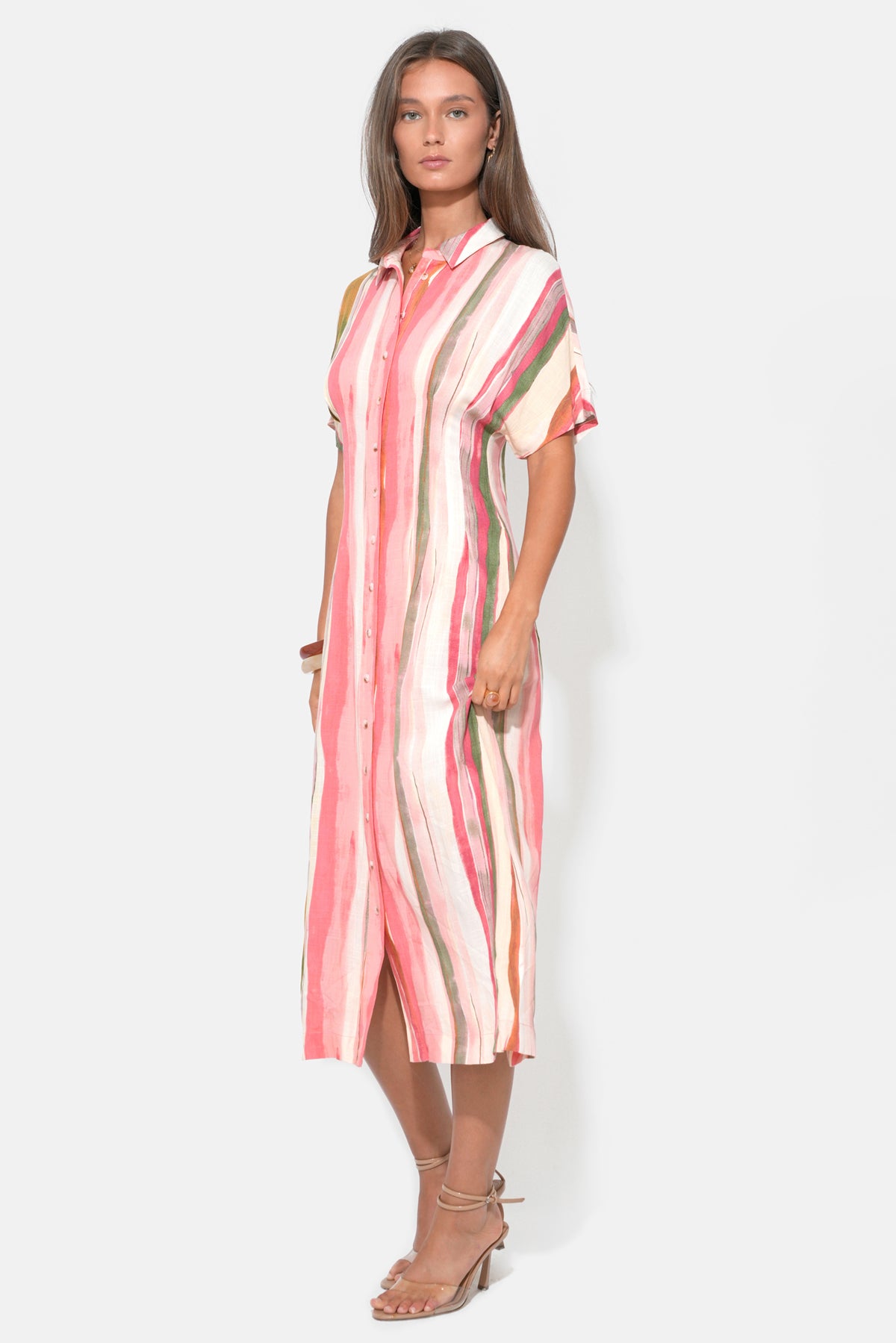 Heidi Button Up Pleated Stripe Midi Dress