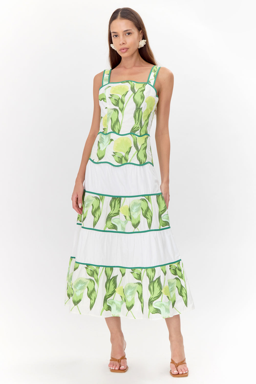 Lisha Tiered Embroidered Blocked Midi Dress