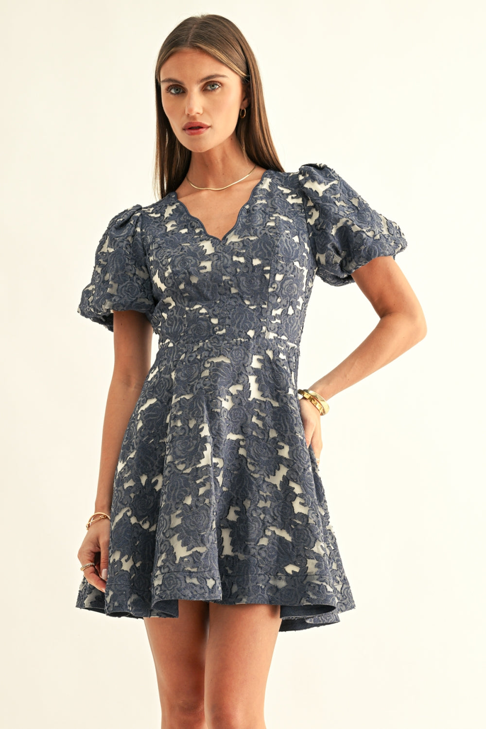 Fern Jacquard Chambray Bubble Sleeves Mini Dress F267D7229_DENIM BLUE JACQUARD