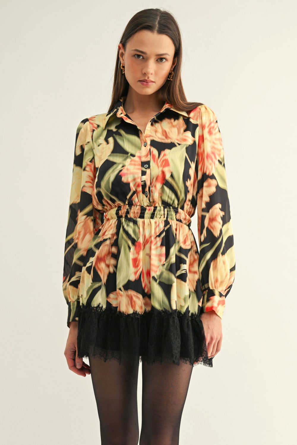 Frida Laced Hem Long Sleeves Shirt Mini Dress F2610D7472_BLACK MULTI