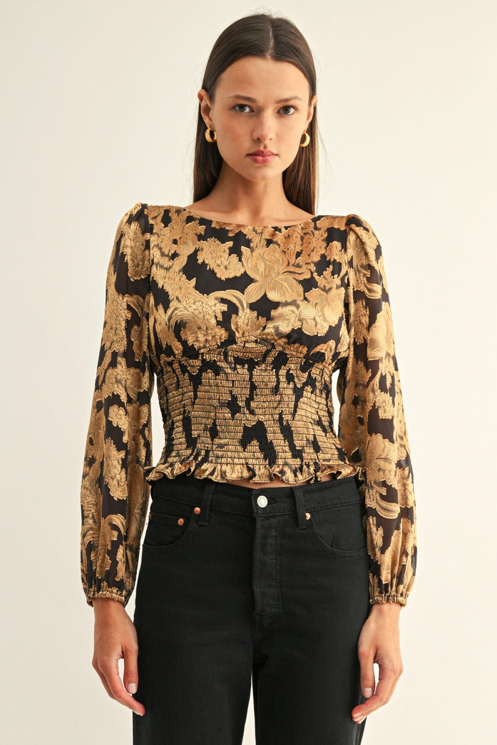 Gianna Long Sleeves Smocked Top F2610T7652_BLACK/GOLD