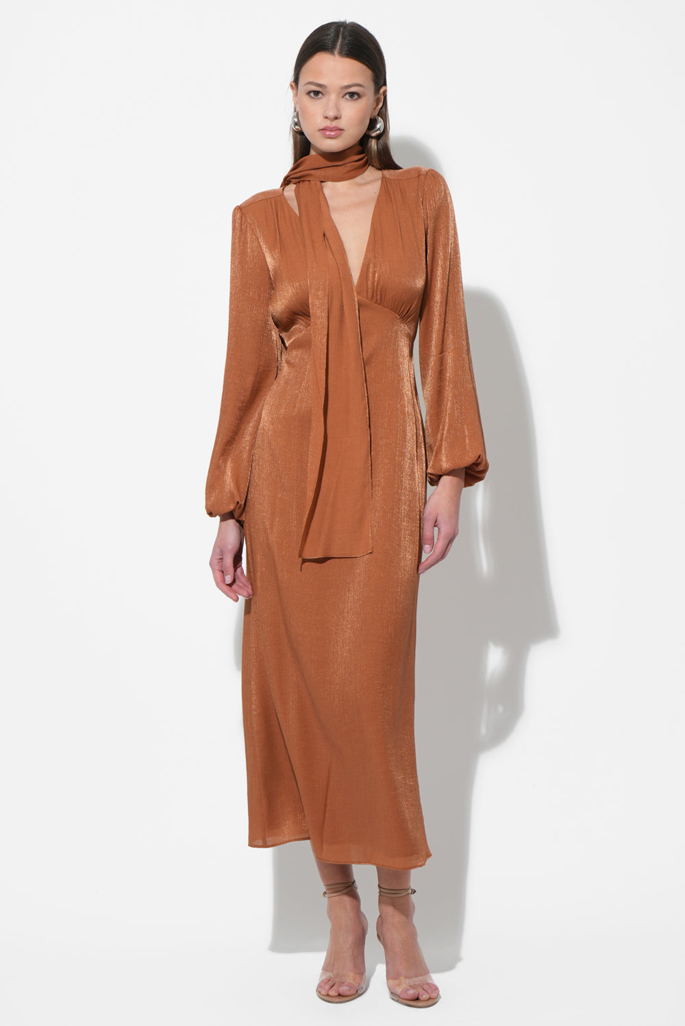 Judith Balloon Sleeve Maxi Dress W/ Scarf | Adelyn Rae S / RUSTYBROWN Judith Balloon Sleeve Maxi Dress W/ Scarf | Adelyn Rae S / RUSTYBROWN