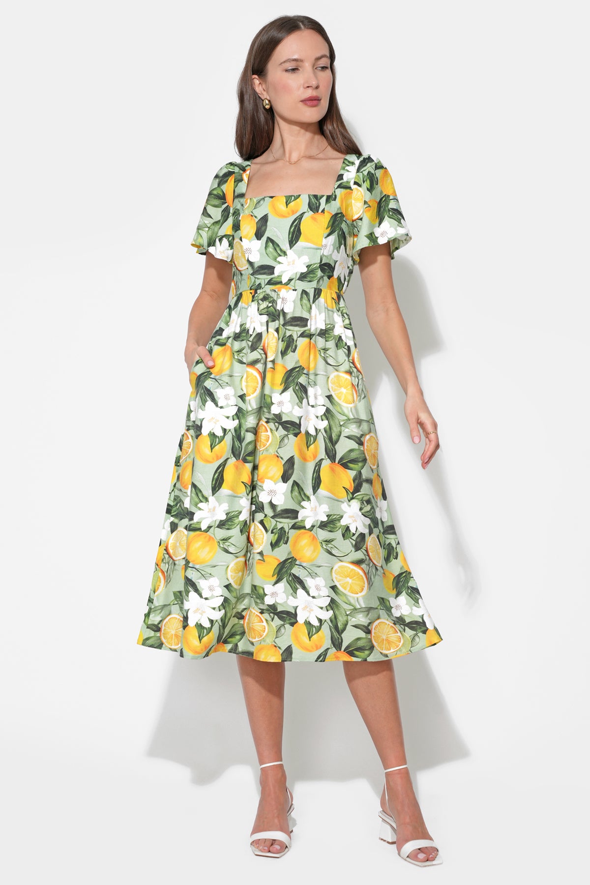 Kailany Bubble Sleeve Lemon Midi Dress F261D6863