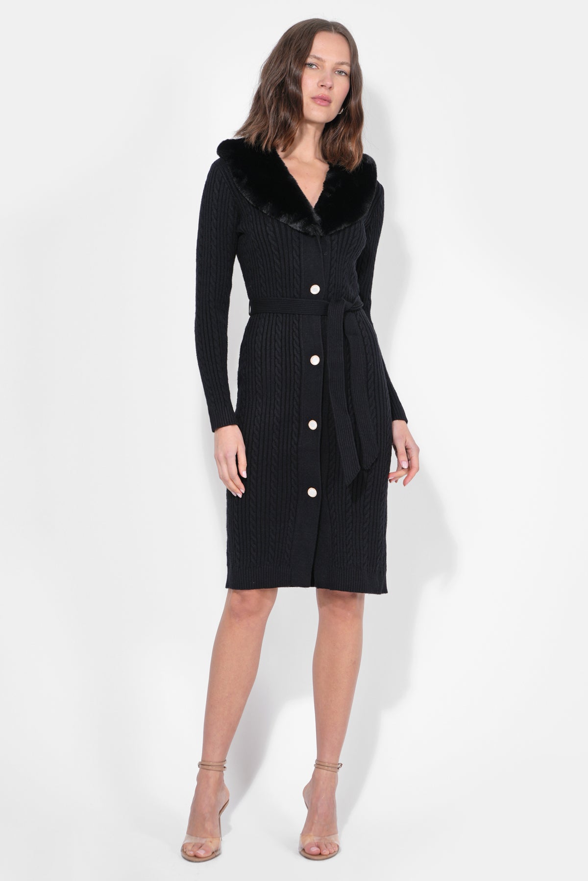 Karlene Detachable Faux Fur Collar Sweater Dress F239WD5949