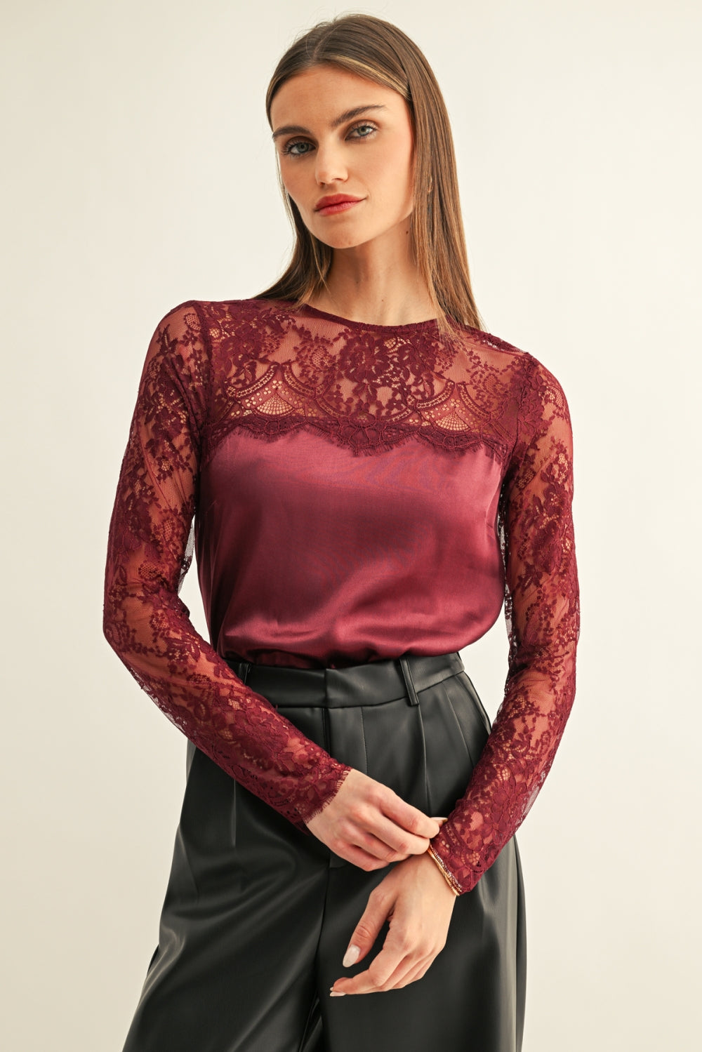 Kataleya Lace Contrast Long Sleeve Top F269T7639_BURGUNDY