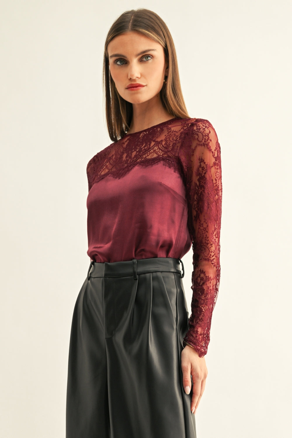 Kataleya Lace Contrast Long Sleeve Top F269T7639_BURGUNDY