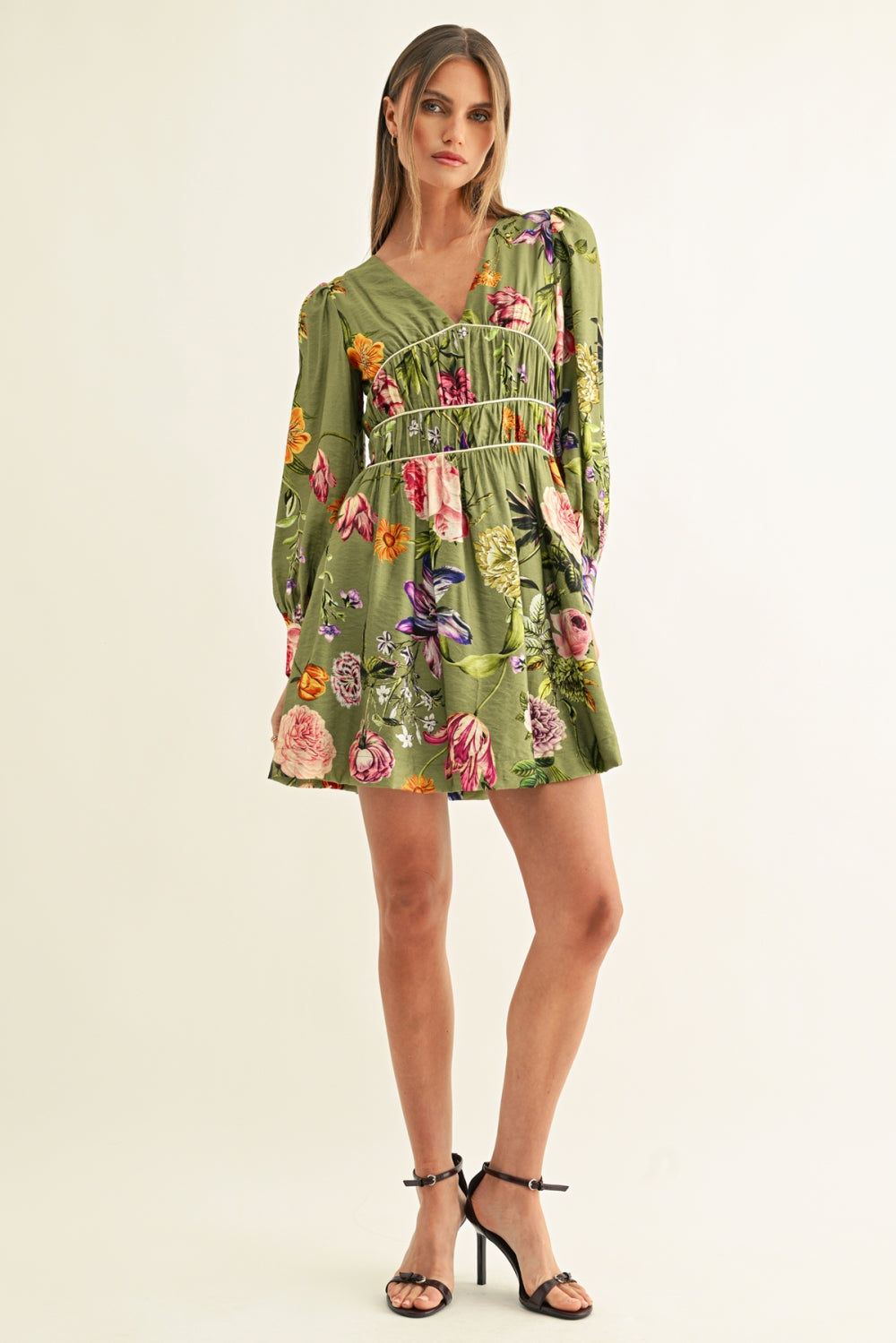 Lia Contrast Binding Long Sleeves Mini Dress F267D7235_OLIVE MULTI