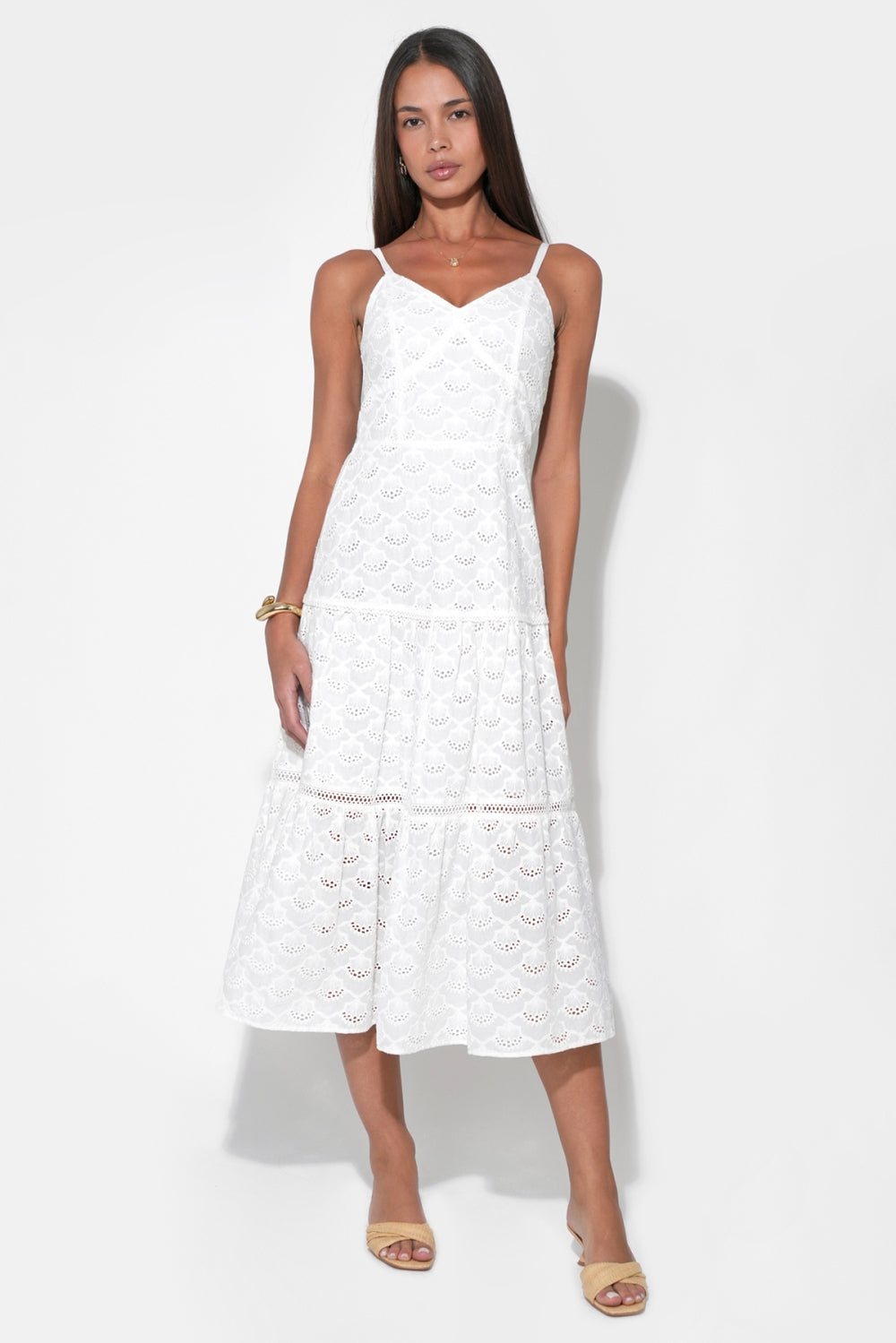 Lina Tiered Strappy Cotton Eyelet Embroidered Midi Dress F263D6318