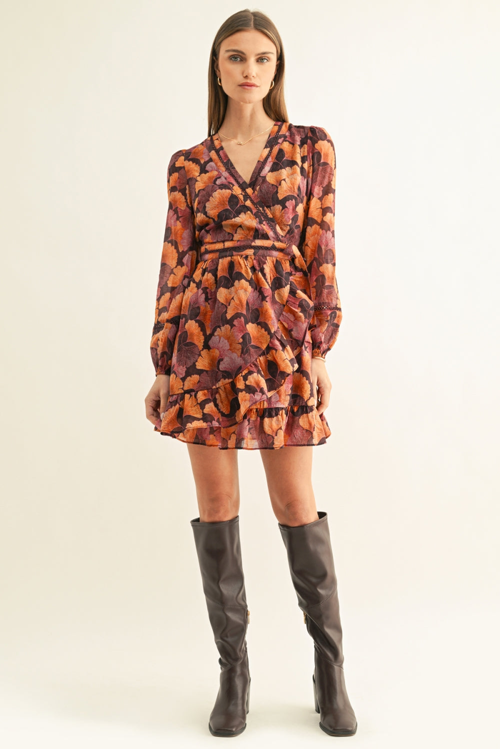Maeve Long Sleeves Faux Wrap Mini Dress F269D7334_BURGUNDY MULTI
