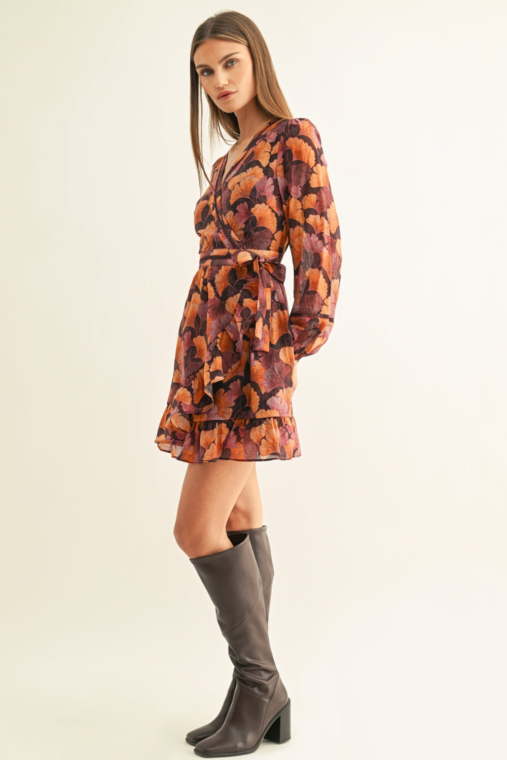 Maeve Long Sleeves Faux Wrap Mini Dress F269D7334_BURGUNDY MULTI