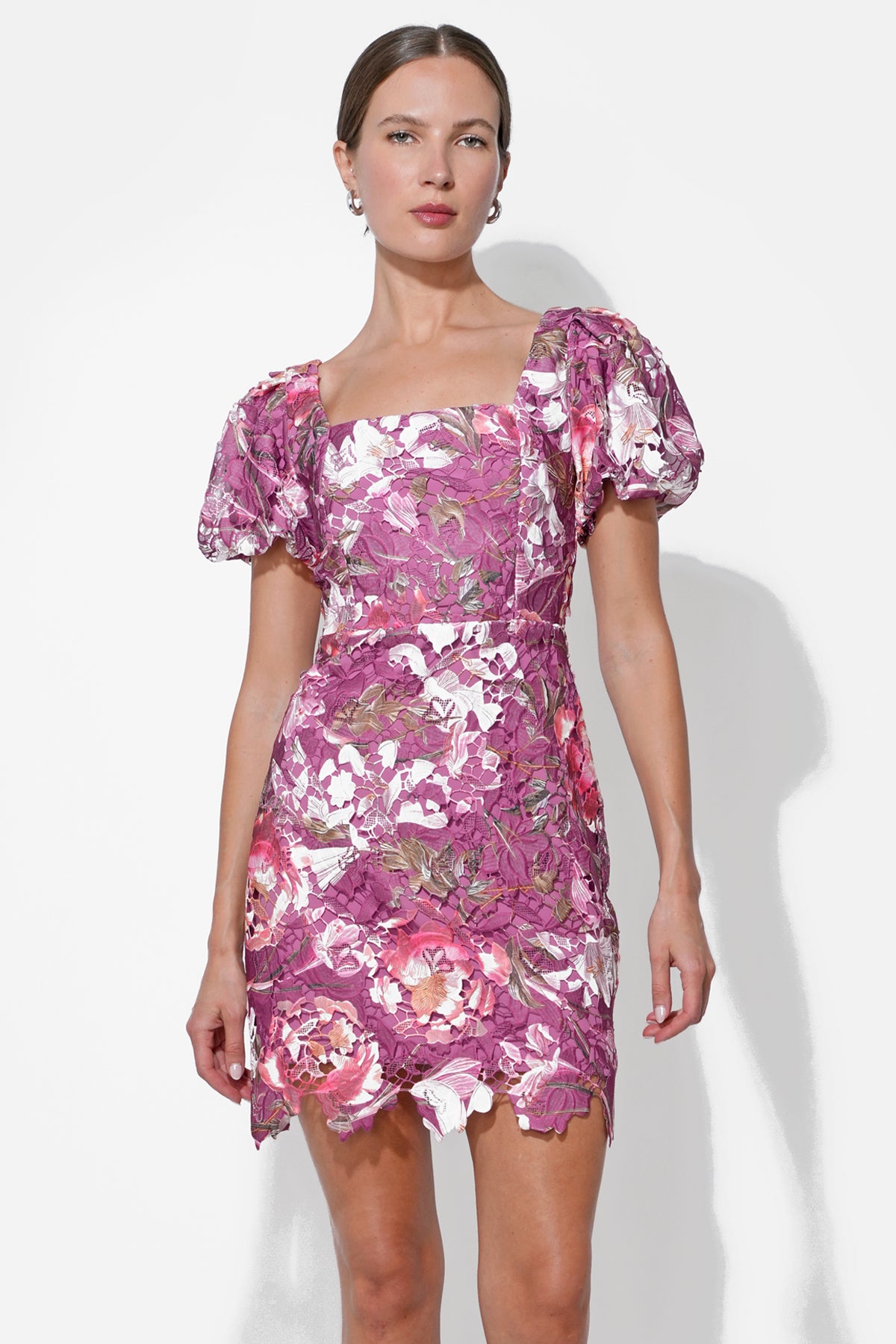 Maybelle Floral Lace Puff Sleeve Mini Dress | Adelyn Rae M / Magenta