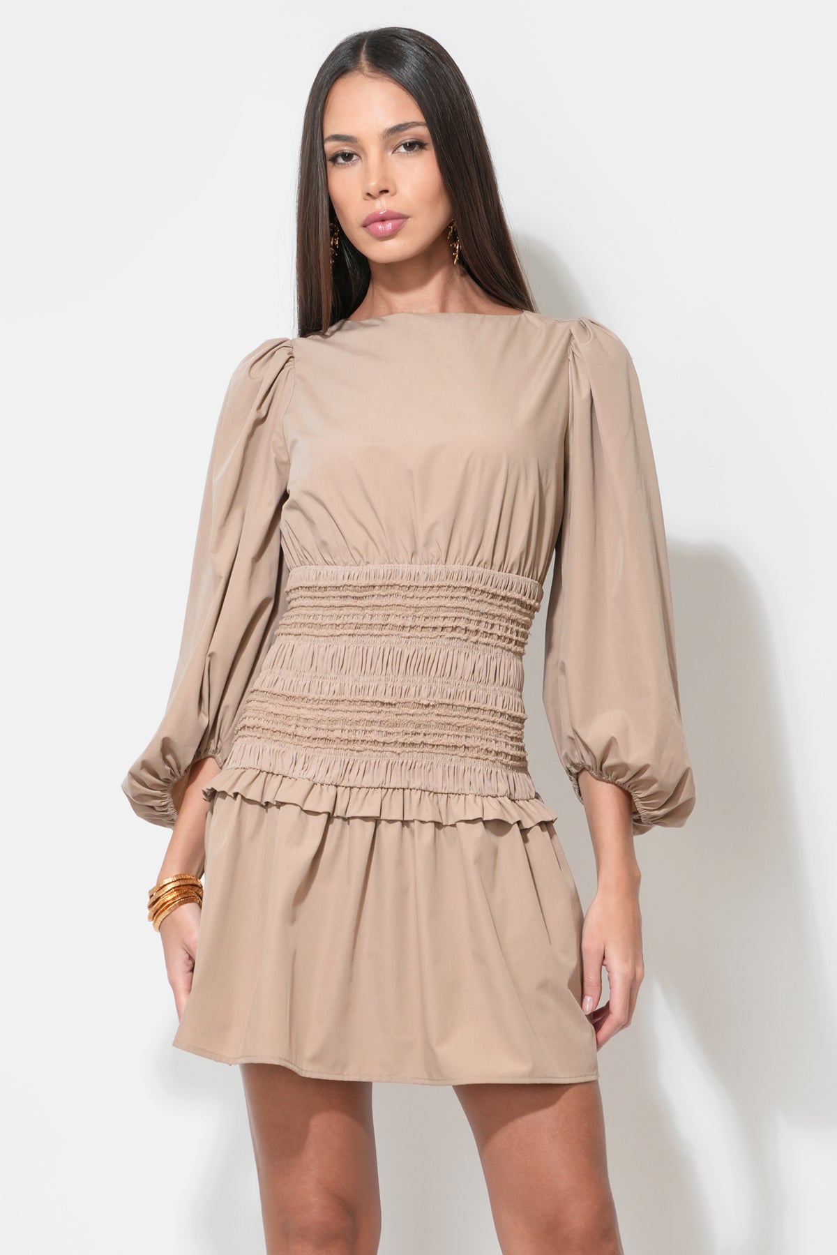 knee length dresses for ladies Pink Long Sleeve Smocked Mini Dress main image 0