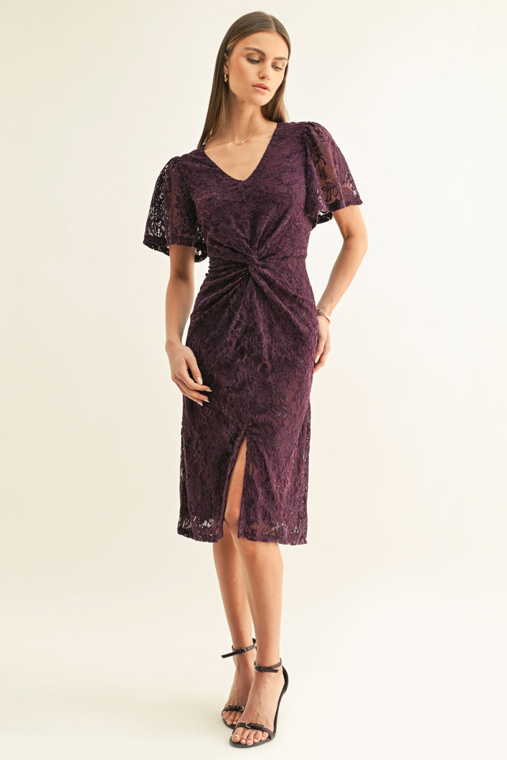 Olivia Twisted Front Flutter Sleeves Lace Midi Dress F269D7322_PLUM