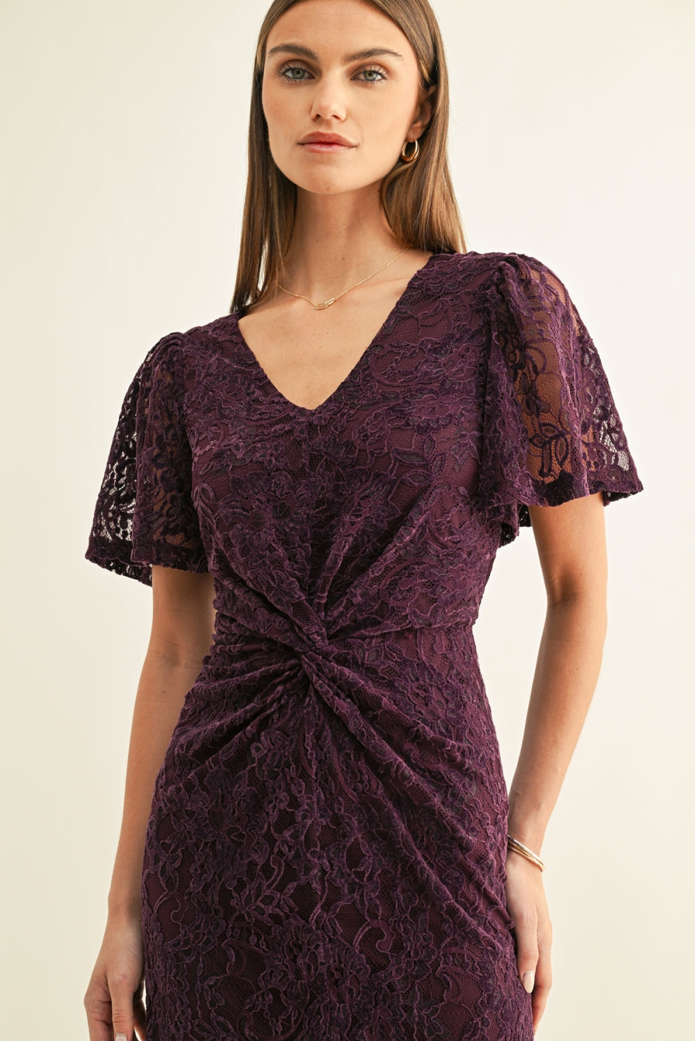 Olivia Twisted Front Flutter Sleeves Lace Midi Dress F269D7322_PLUM