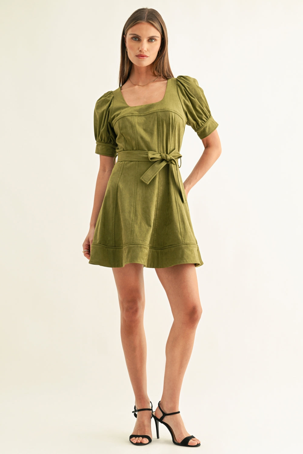 Paolina Short Sleeves Faux Suede Mini DressF267D7242_OLIVE