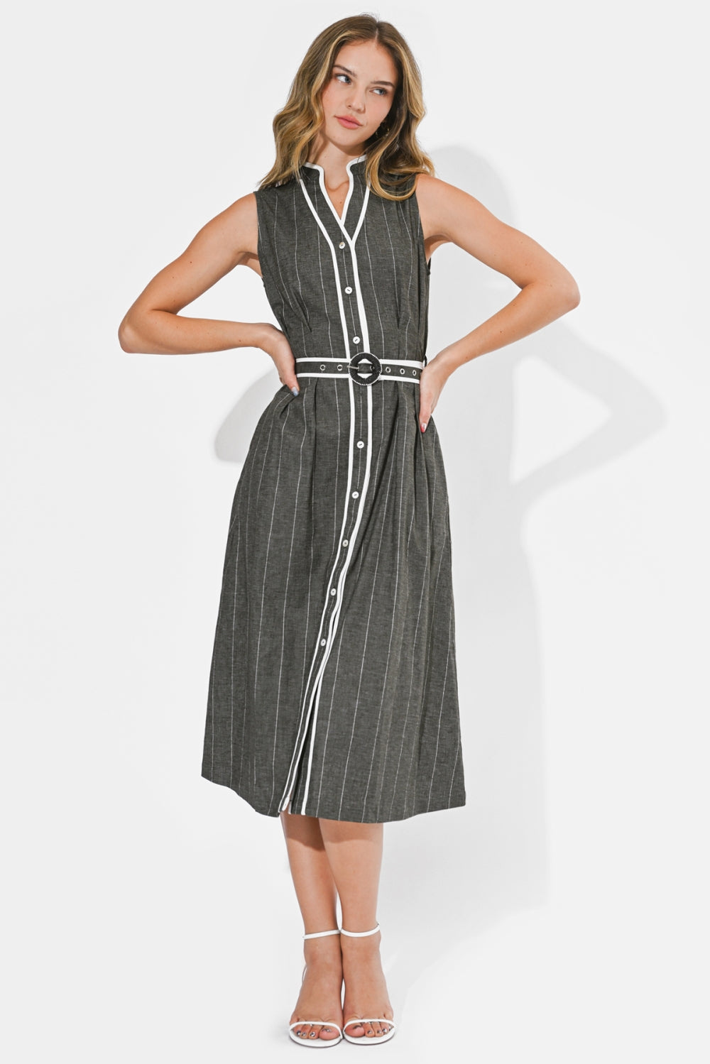 Reya Stripe Sleeveless Shirt Midi Dress F266D7177_CHARCOAL/WHITE