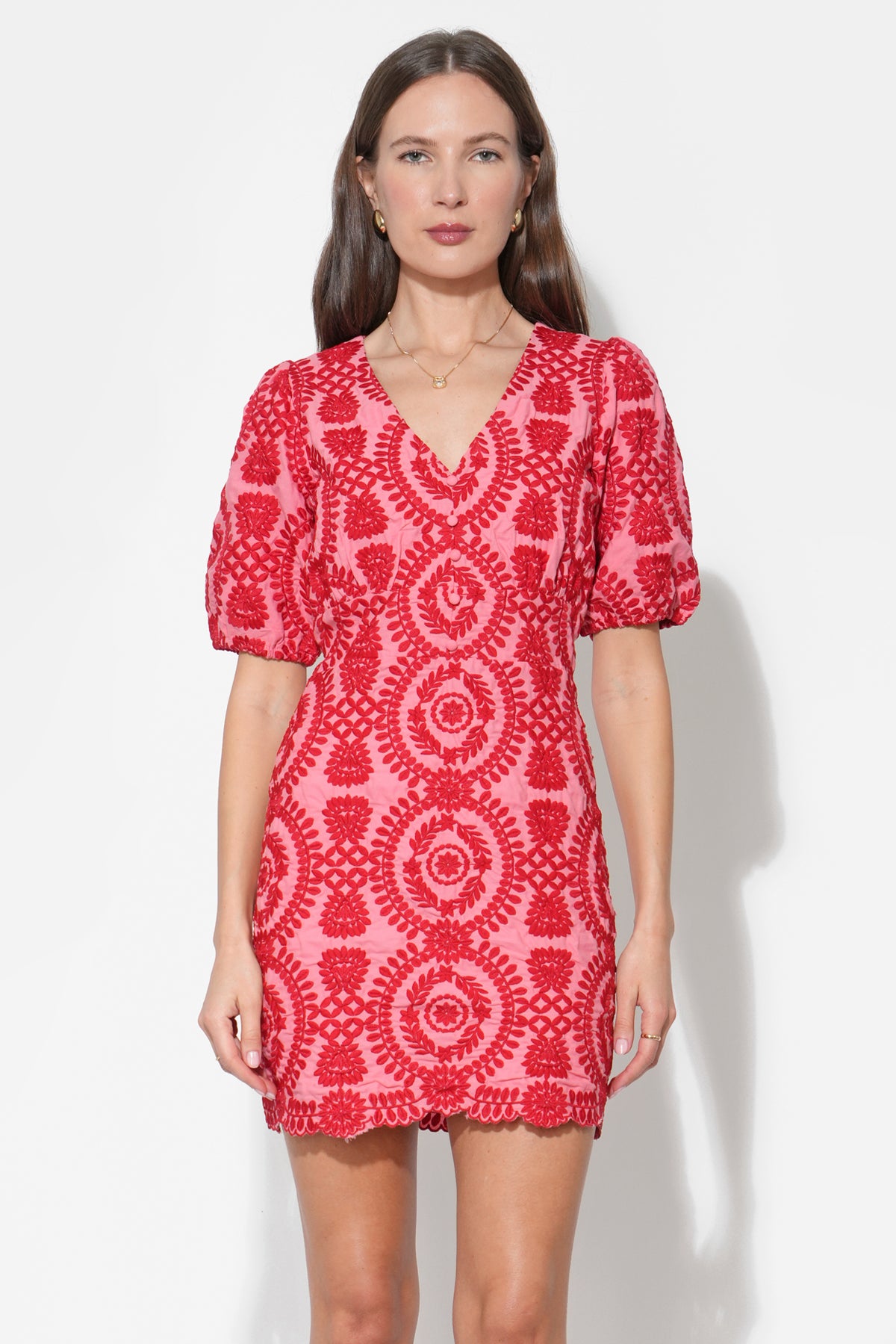 Rosemary Cotton Eyelet Embroidered Red Mini Dress F251D6197