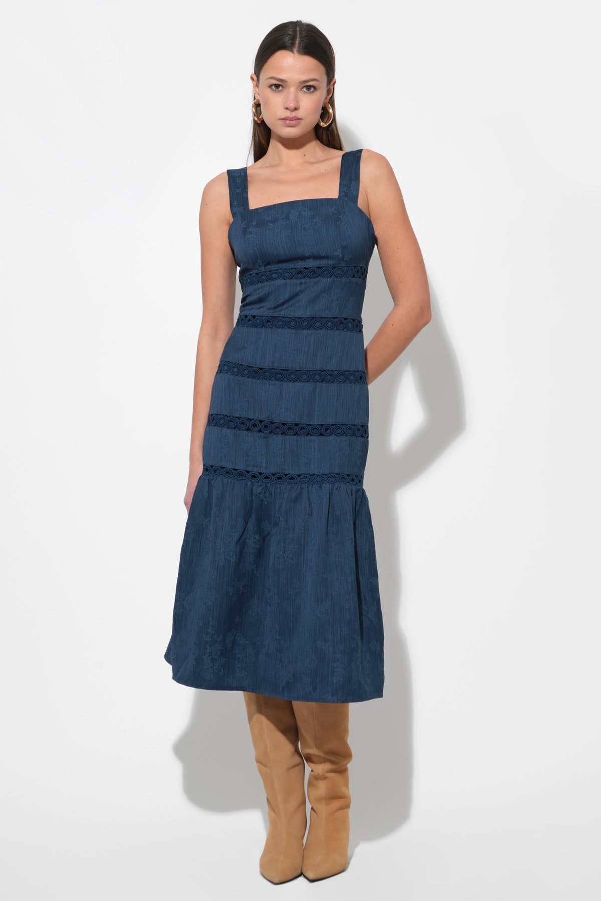 Adelyn Rae Sable Lace Inset Tiered Midi Dress in Navy at Nordstrom, Size Small Adelyn Rae Sable Lace Inset Tiered Midi Dress in Navy at Nordstrom, Size Small