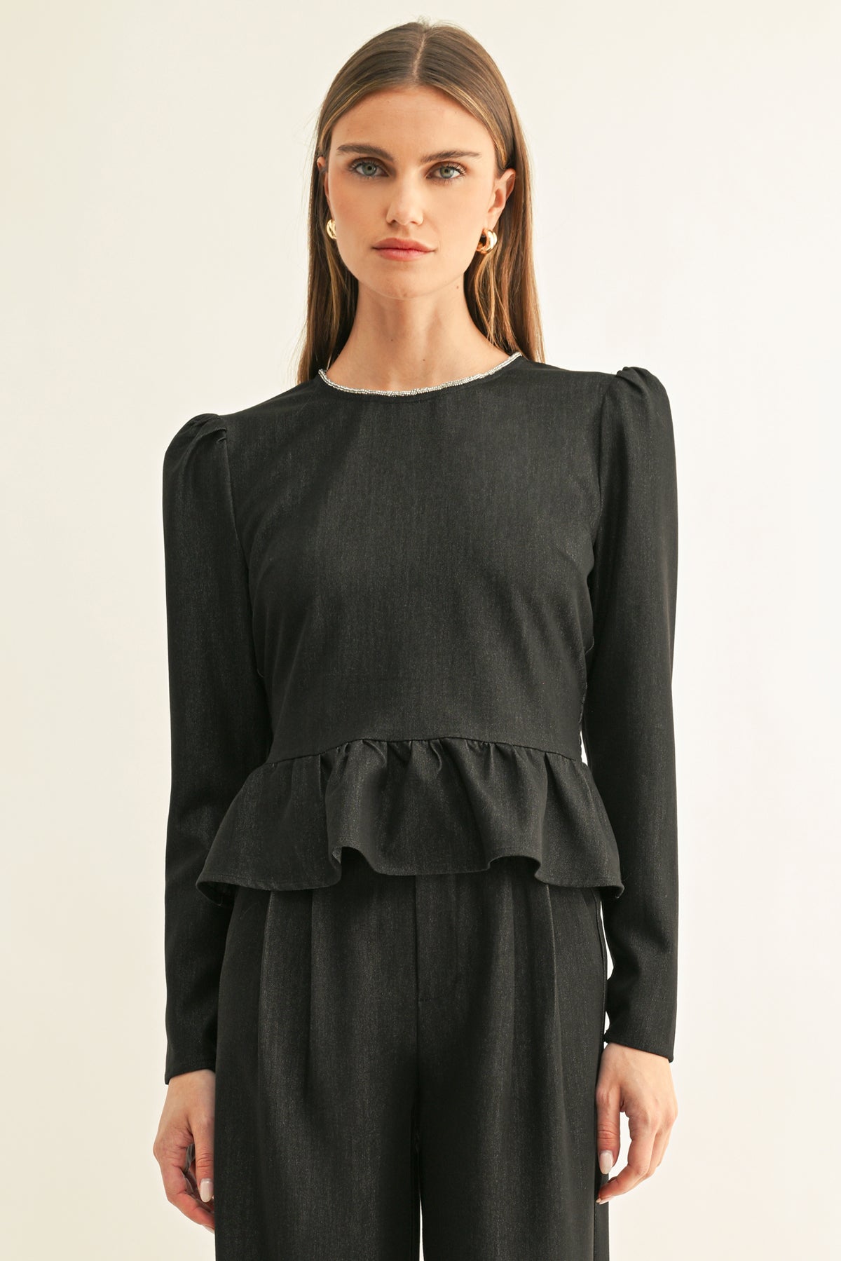 Samantha Embellished Neck Chambray Peplum Top