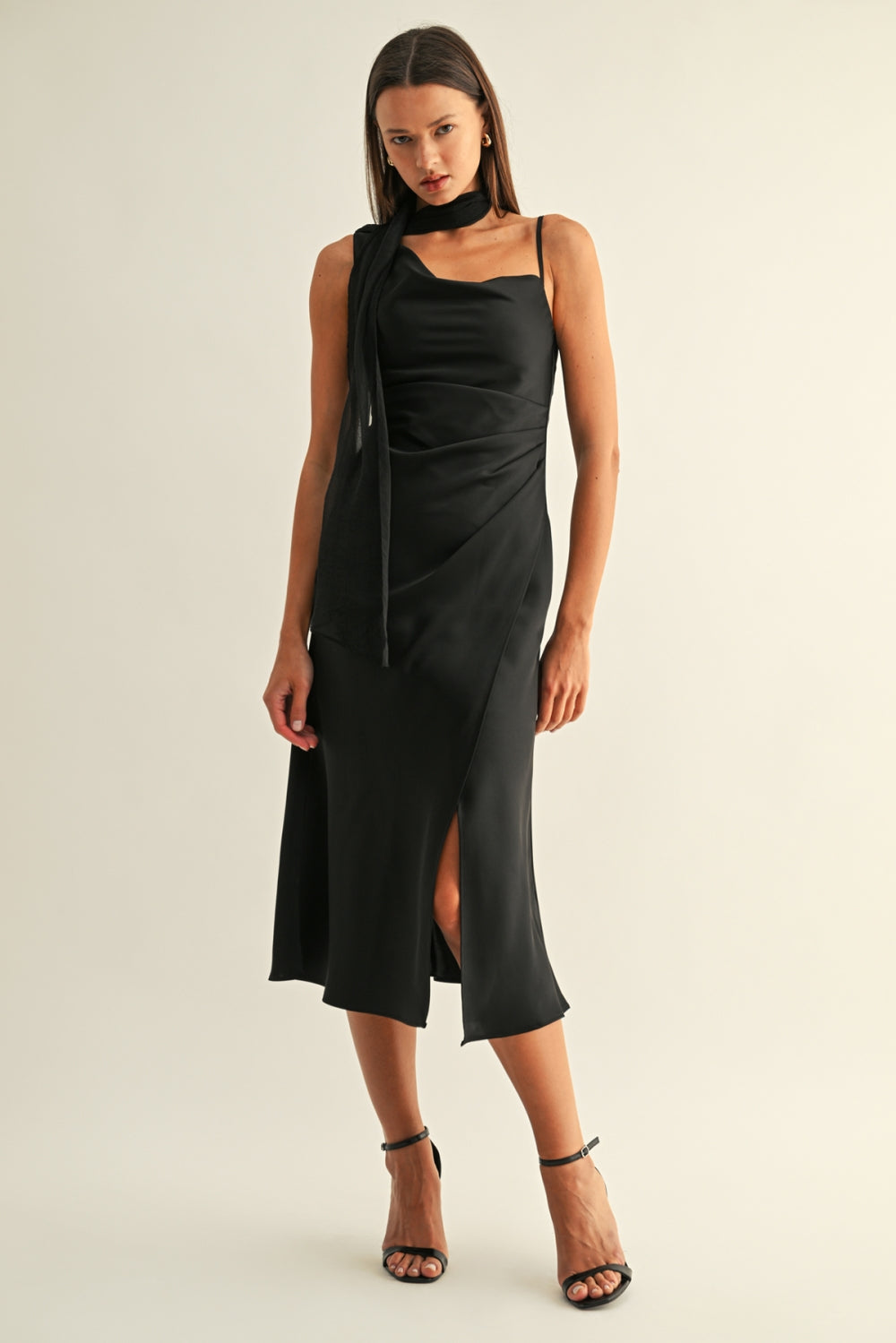 Selena Contrast Scarf Cowl Neck Slip Midi Dress F269D7432_BLACK