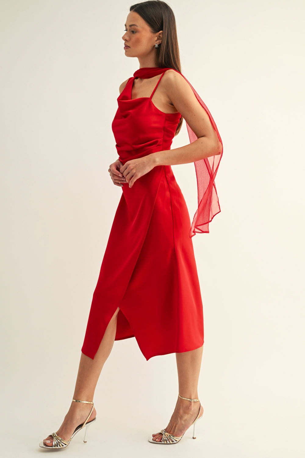 Selena Contrast Scarf Cowl Neck Slip Midi Red Dress F269D7432_RED